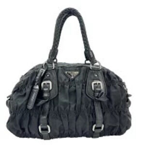 Prada Handbag Triangle Plate Logo Braided Handle Gathered Leather Black